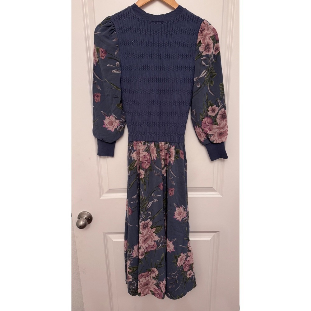 IVEE Chiffon Long Sleeve Knit Bodice Blue Pink Floral Dress XS